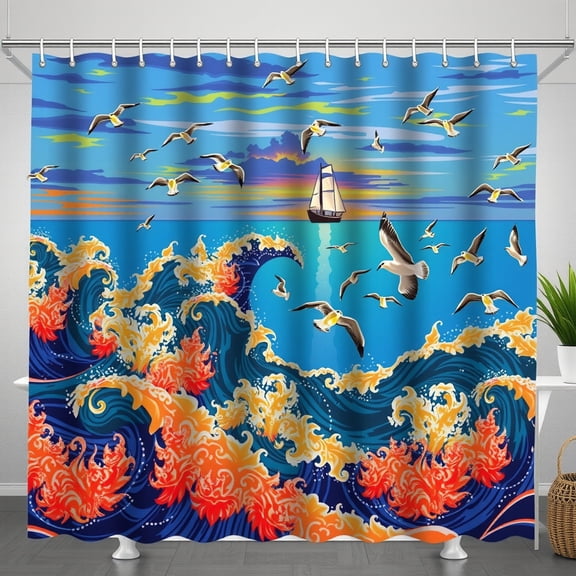 Vibrant Seascape Shower Curtain with Sunrise, Sailboat & Stylized Waves