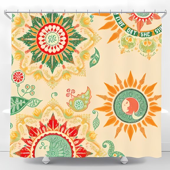 Vibrant Shower Curtain with Floral & Sun Motifs - Retro 70s Inspired Design for a Cheerful Bathroom