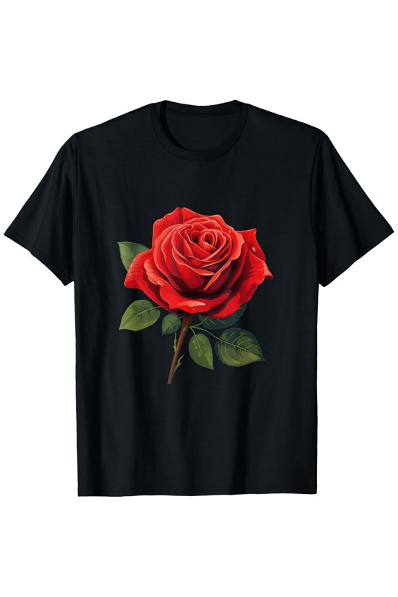 Vibrant Single Red Rose Flower Unisex Short Sleeve Graphic Casual T-Shirt