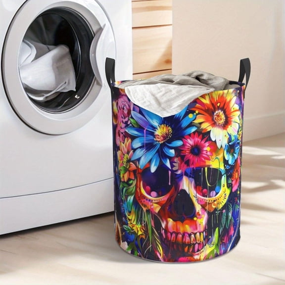 Vibrant Skull Floral Art Laundry Hamper Portable Storage Hamper with Sturdy Handle, Oxford Cloth, Easy to Store and Collapsible Design, Laundry Baskets