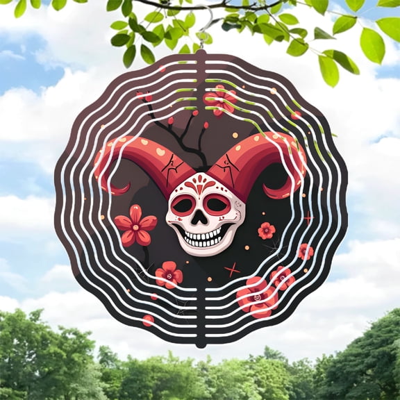 Vibrant Skull Metal Wind Spinner with Floral Motifs & Curved Horns - Unique Garden Decor for Yard & Outdoor Spaces