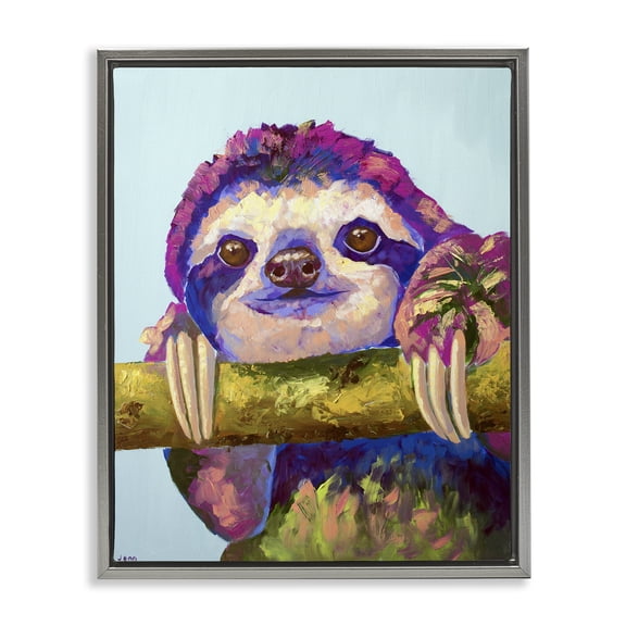Stupell Industries Vibrant Sloth Hanging on Branch Gray Framed Floater Canvas Wall Art, design by Jennifer Seeley, 31 x 25