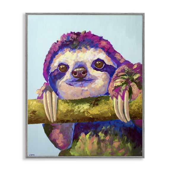 Stupell Industries Vibrant Sloth Hanging on Branch Gray Framed Giclee Art, design by Jennifer Seeley, 14 x 11