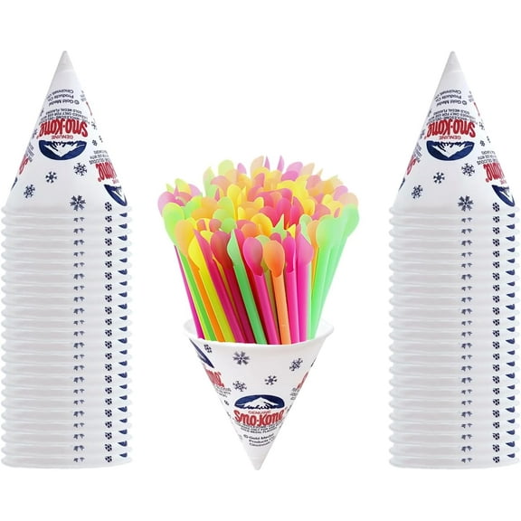 Vibrant Snow Cone Party Pack - 100 Count 6oz Cups & 100 Assorted 8" Snow Cone Spoon Straws â Fun Gurantee