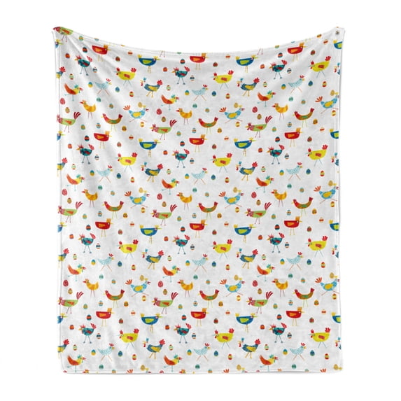 Vibrant Soft Flannel Fleece Throw Blanket, Repetitive Chickens Eggs Colorful Doodle on Plain Background, Cozy Plush for Indoor and Outdoor Use, 50" x 70", Yellow Green Sky Blue, by Ambesonne