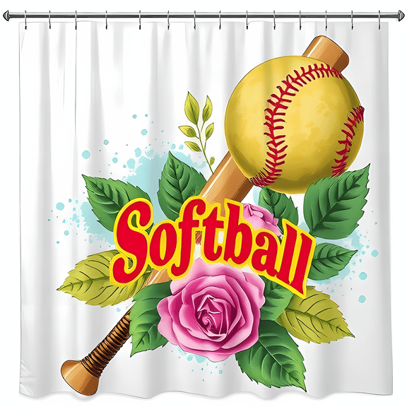 Vibrant Softball Shower Curtain with Bat Leaves & Roses - Bold Red "Softball" Design for Sporty & Floral Decor