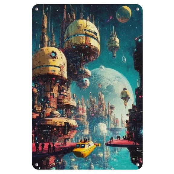 Vibrant Space Cityscape Wall Art - Retro Iron Decor Featuring Colorful Robots and Graffiti-Style Aliens, Easy to Hang, No Power Needed - Perfect for Home, Office, and Sci-Fi Enthusiasts
