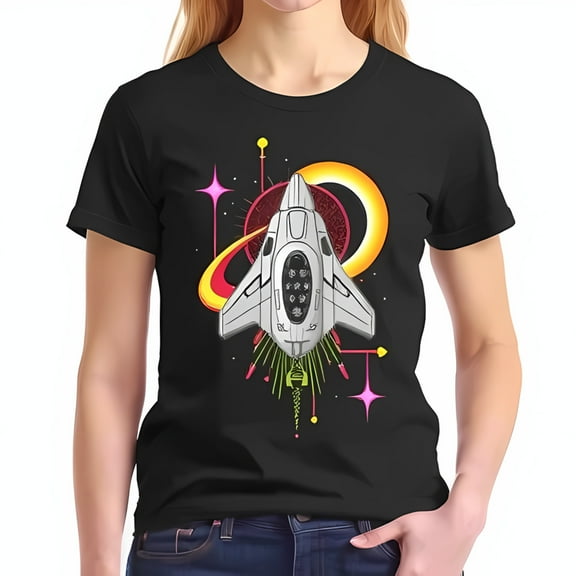 Vibrant Spaceship Graphic Cotton Short Sleeve T-Shirt - Retro-Futuristic Design with Planets & Stars