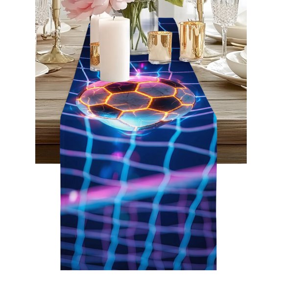 Vibrant Sports Table Runners 36 Inches Long Neon Grid Glowing Soccer Purple Kitchen Dining Table Runner Dresser Scarves for Party Coffee Holiday Party Decor