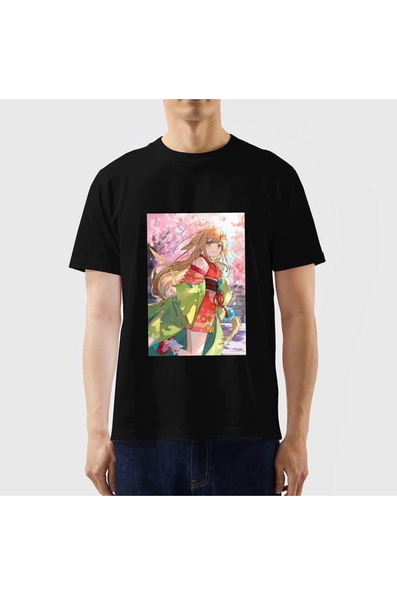Vibrant Spring Blossom Kimono Anime Girl Graphic Black T-Shirt