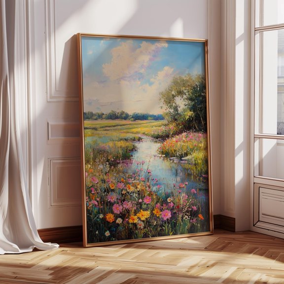 Vibrant Spring Landscape With Poster Flowing Stream And Colorful Wildflowers Under A Clear Blue Sky , Poster Print Only