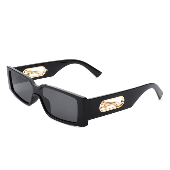 Vibrant Square Sunglasses, Black Frame with Gold Leopard Accent & Dark Gray Lenses