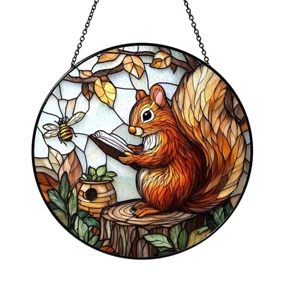 Vibrant Squirrel Reading Stained Glass Window Hanging, Woodland Home Decor, Unique Gift Idea for Mother’s Day or Friends