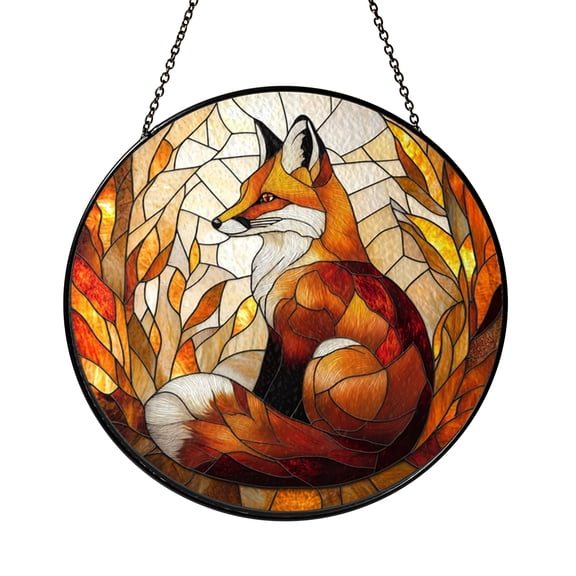 Vibrant Stained Glass Fox Panel in Warm Autumn Colors – Autumn Forest Fox Design, Nature-Inspired Window Art, Charming Home or Cabin Decoration