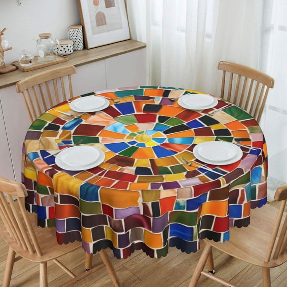 Vibrant Stained Glass Mosaic Mandala Pattern Round Tablecloth Waterproof Oil-Proof Plastic Table Cloth Stain-Resistant Wipeable 60" for Camping, Dining, Indoor and Outdoor