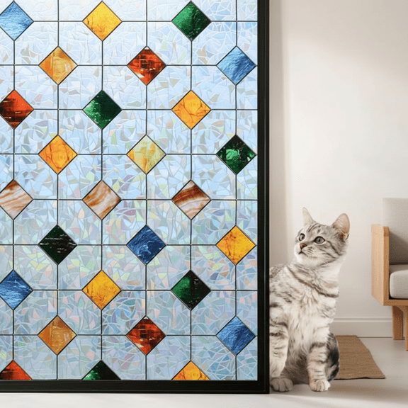Vibrant Stained Glass Window Privacy Film Decorative Adhesive Sheet Colorful Lattice Pattern for Home Classroom Decor Easy Installation Renter Friendly