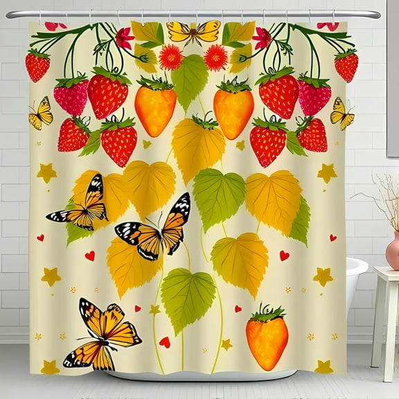 Vibrant Strawberry Shower Curtain with Butterflies Cheerful Botanical Design for a Bright Bathroom