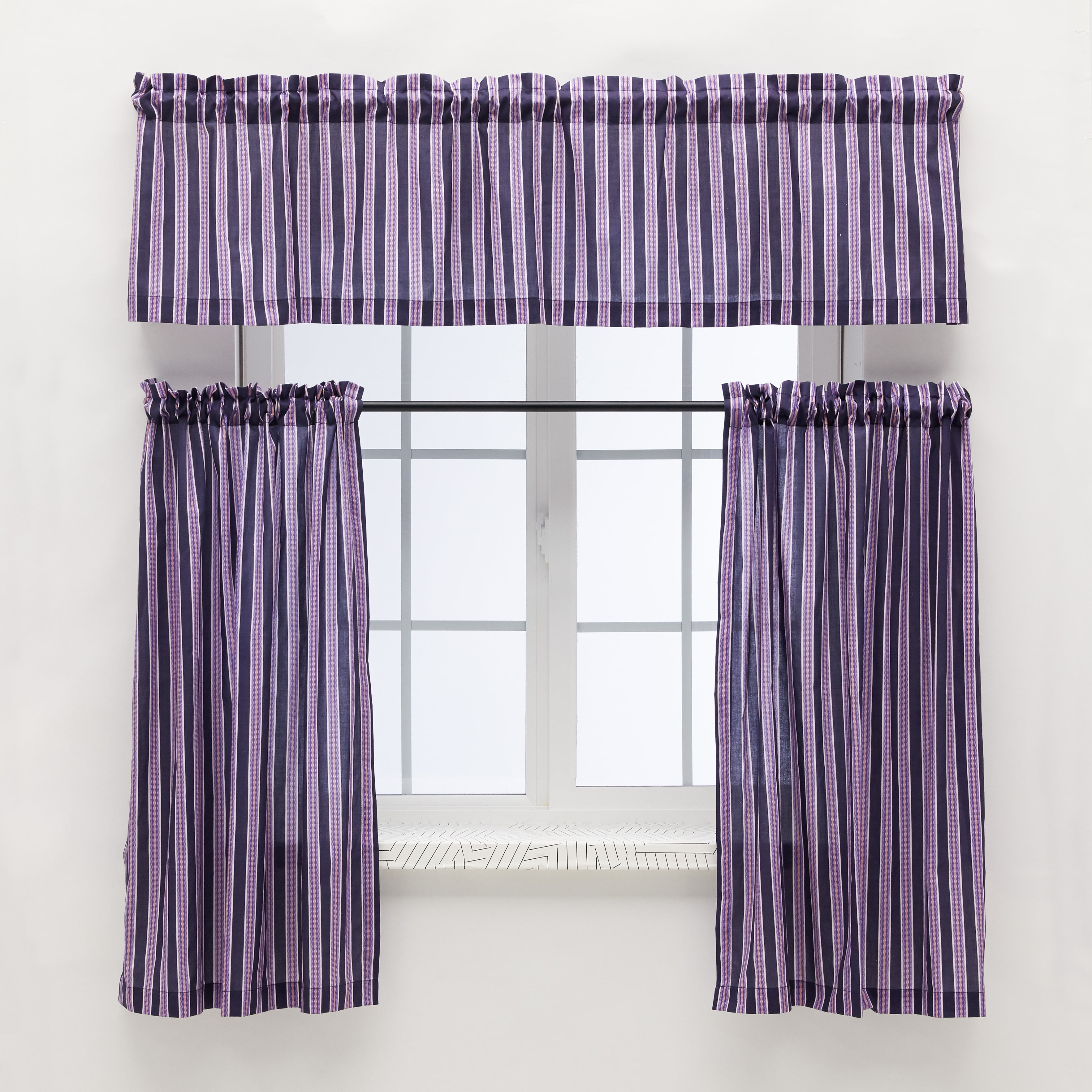 Drew Barrymore Flower Home Vibrant Stripe Tier and Valance Curtain Set, Purple