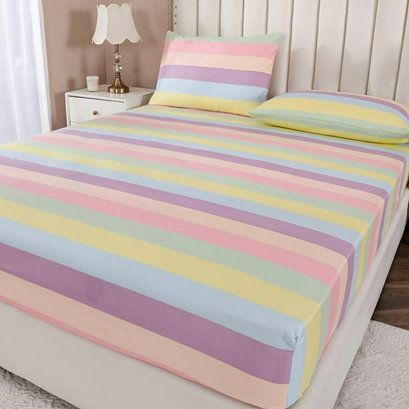 Vibrant Stripes Bedding Set - Soft Polyester, Machine Washable, Includes Sheet Set & Pillowcases, All-Season Comfort for Home Decor, Bedroom Essentials | Vibrant Striped Design | Durable Bedding