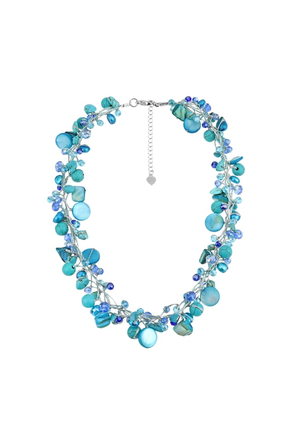 Vibrant Style Blue Stones and Crystals on Silk Thread Pearl Necklace