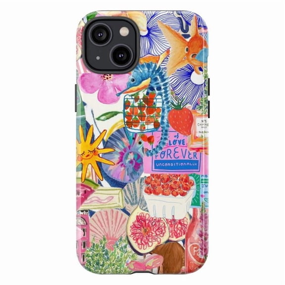 Vibrant Summer Collage Phone Case for iPhone 17 16 15 14 13 12 11 Pro Plus Mini, Fruit & Sea Life Design Phone Cover