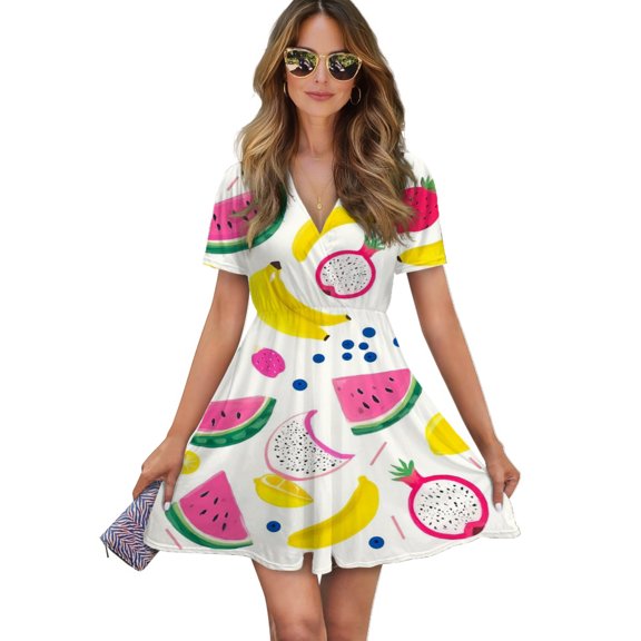 Vibrant Summer Fruit Pattern Design Women Dress V-Neck Short Sleeve Flowy Swing Party Midi Dress