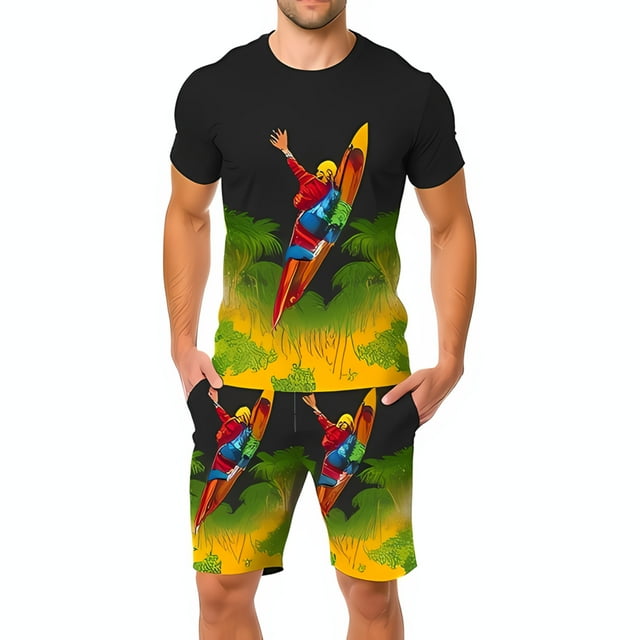 Vibrant Summer T-Shirt and Shorts Set with Bold Surfer Wave Print - Tropical Tree Design Lightweight & Comfortable