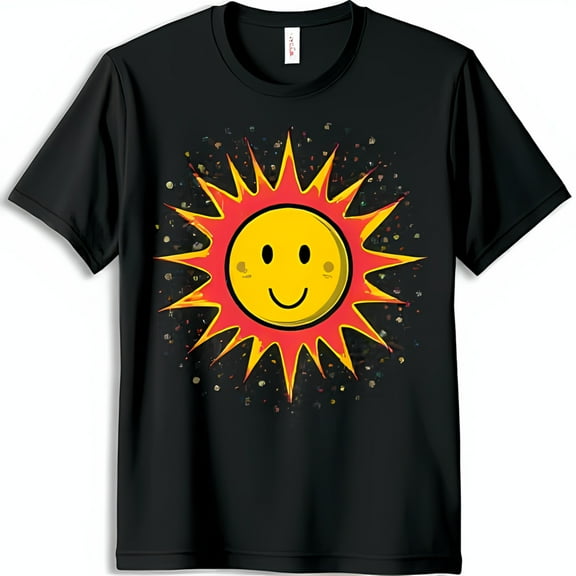 Vibrant Sun Graphic Black T-Shirt with Speckled Texture Fun & Comfortable