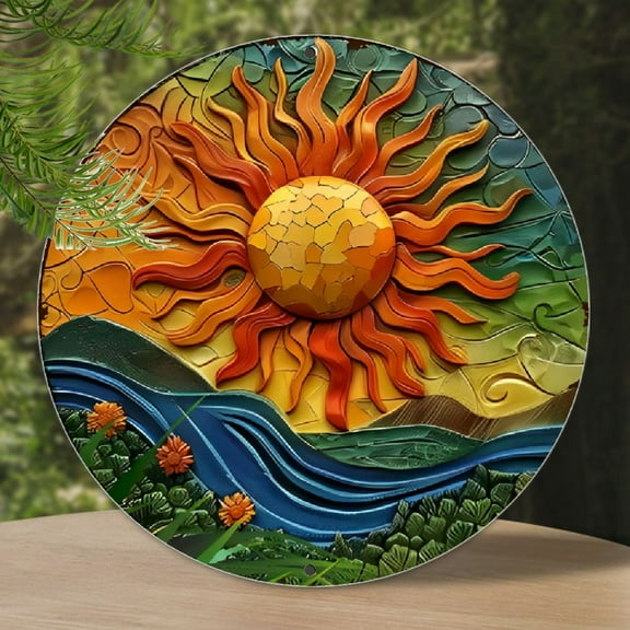Vibrant Sunburst 8x8 Inch Round Aluminum Wall Art - Colorful Celestial Design with Floral and Mountain Landscape, Metal Home Decor Sign, Outdoor Decor, 2D, Perfect for Room Decor
