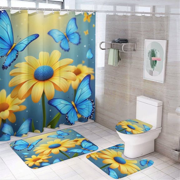 Vibrant Sunflower & Blue Butterfly Print Shower Curtain Sets Non-Slip Rugs Bath Mat Toilet Cover U Shaped Mat 4 Pcs