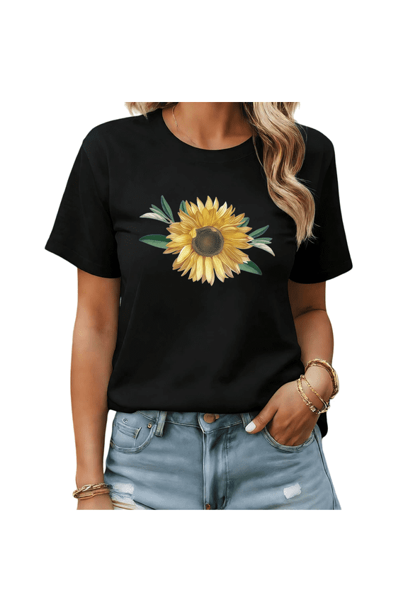 Vibrant Sunflower Botanical Graphic Tees Womans T shirt Black/White S-5XL Shirts Casual Daily Tops