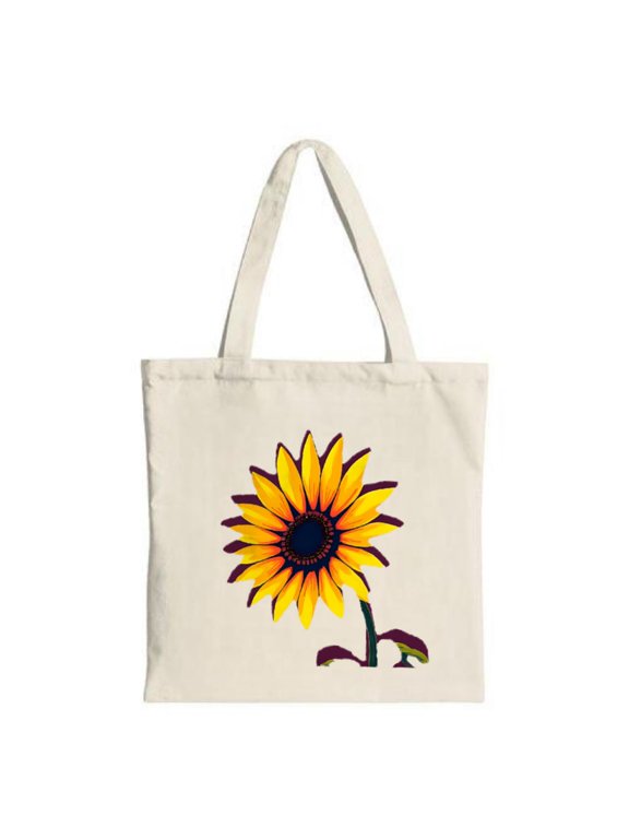 Vibrant Sunflower Canvas Tote Bag - Bright Yellow Petals Dark Center Green Stem; Perfect for Shopping Travel and Parties