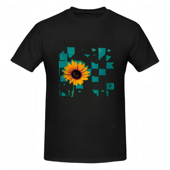 Vibrant Sunflower Cotton Tee for Women - Modern Geometric Pattern in Teal & Turquoise on Black Background Short Sleeve Top