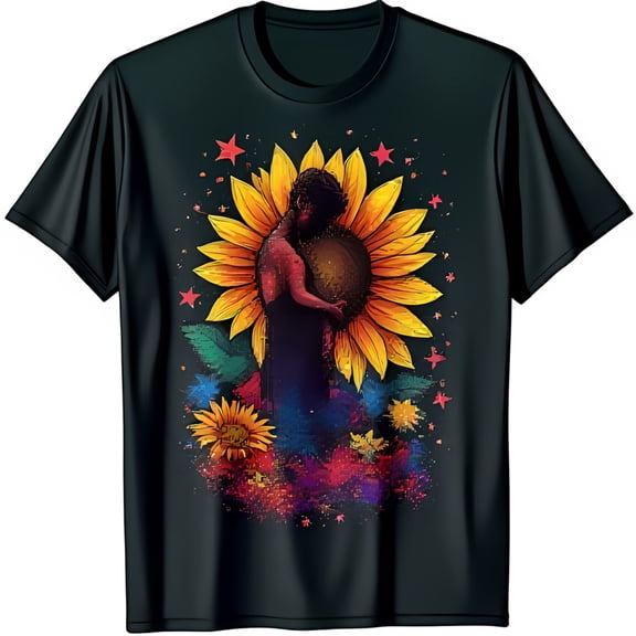 Vibrant Sunflower Design T-Shirt with Abstract Eye Catching Black Tee