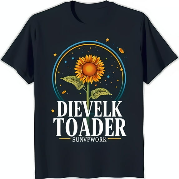 Vibrant Sunflower Graphic Black T-Shirt with 'Dievelk Toader' Text Stylish & Unique