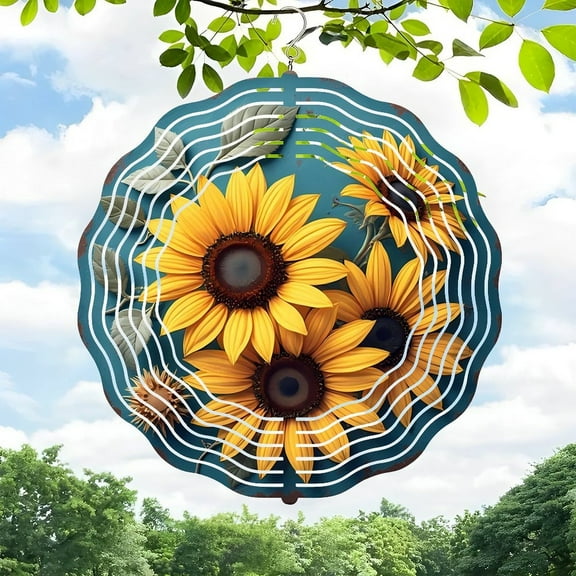 Vibrant Sunflower Metal Hanging Wind Spinner & Chime - Circular Design with White Concentric Circles Perfect for Yard & Garden Decor