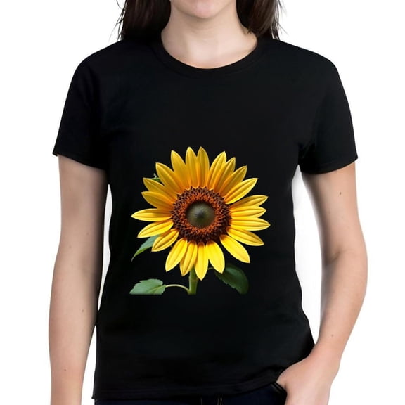 Vibrant Sunflower Print Cotton Short Sleeve T-Shirt for Women - Bright Yellow Petals & Dark Brown Center Design on Black Tee