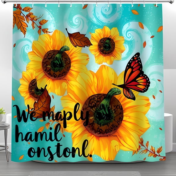 Vibrant Sunflower Shower Curtain with Butterfly & Autumn Leaves - Swirl Design Elegant Cursive Script