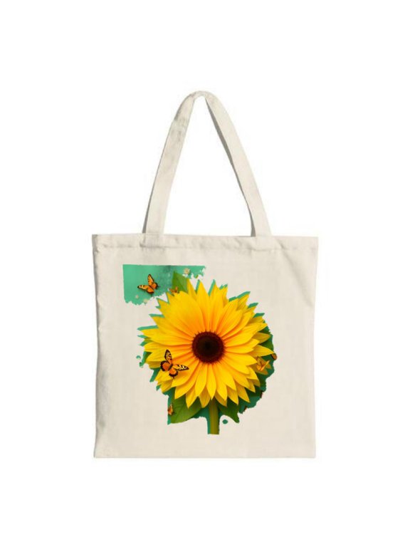 Vibrant Sunflower Tote Bag with Butterflies & Green Stem Stylish Canvas Bag for Shopping Travel & Parties Eco-Friendly Design