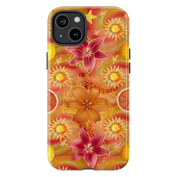 Vibrant Sunflower and Lily Floral Mandala Phone Case, Warm Orange and Red Tropical Pattern iPhone Cover for 16 15 14 13 12 11 Pro Max Mini Plus