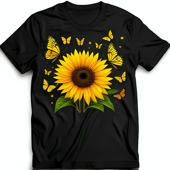 Vibrant Sunflower and Yellow Butterflies Black T-Shirt for Nature Lovers