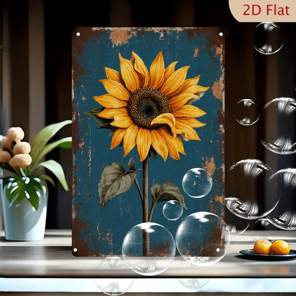 Vibrant Sunflower on Vintage Teal Rustic Metal Wall Art, 8x12 Inches, Distressed Grunge Background with Realistic Botanical Detail for Home Decor