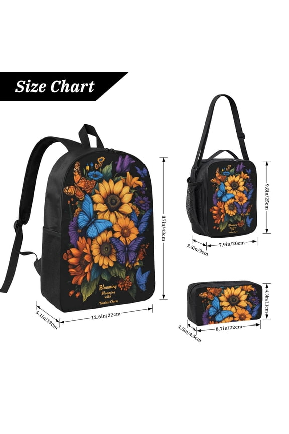Vibrant Sunflowers And Blue Butterfly Backpack 17 Inch Set with Lunch Bag and CaseDurableTravel Bag Combo for Work Commuting Daily Use