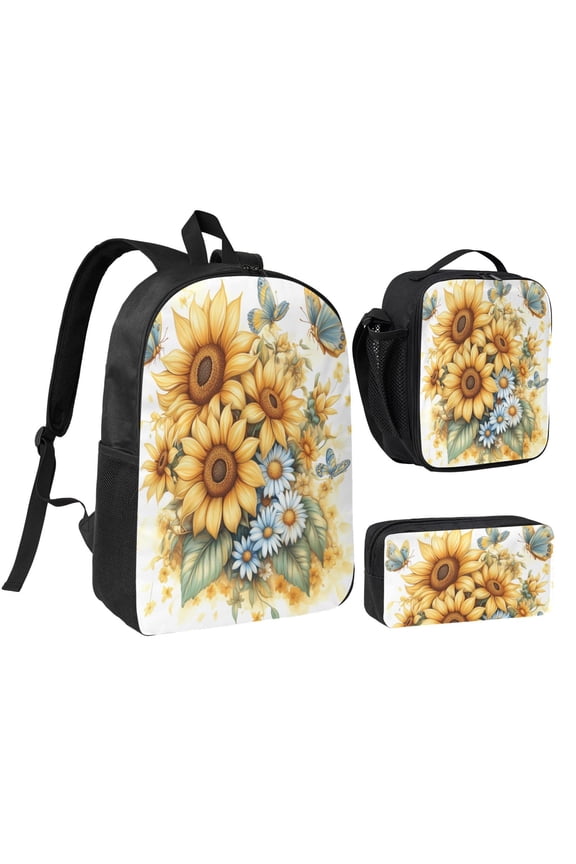 Vibrant Sunflowers And Blue Butterfly Backpack 17 Inch Set with Lunch Bag and CaseDurableTravel Bag Combo for Work Commuting Daily Use