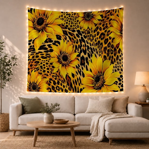 Vibrant Sunflowers Against a Bold Leopard Print Background, Dramatic Illustration for Animal Print Lovers, Floral Wall Art Decor, Halloween Gift Tapestry Wall Hanging for Bedroom and Living Room