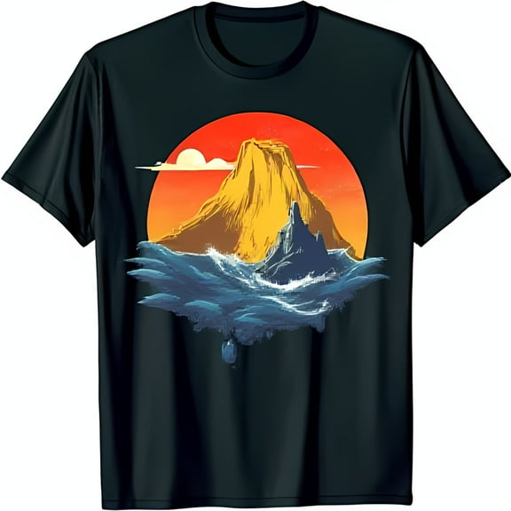 Vibrant Sunrise Mountain Island Graphic Black T-Shirt Playful Cartoon Design