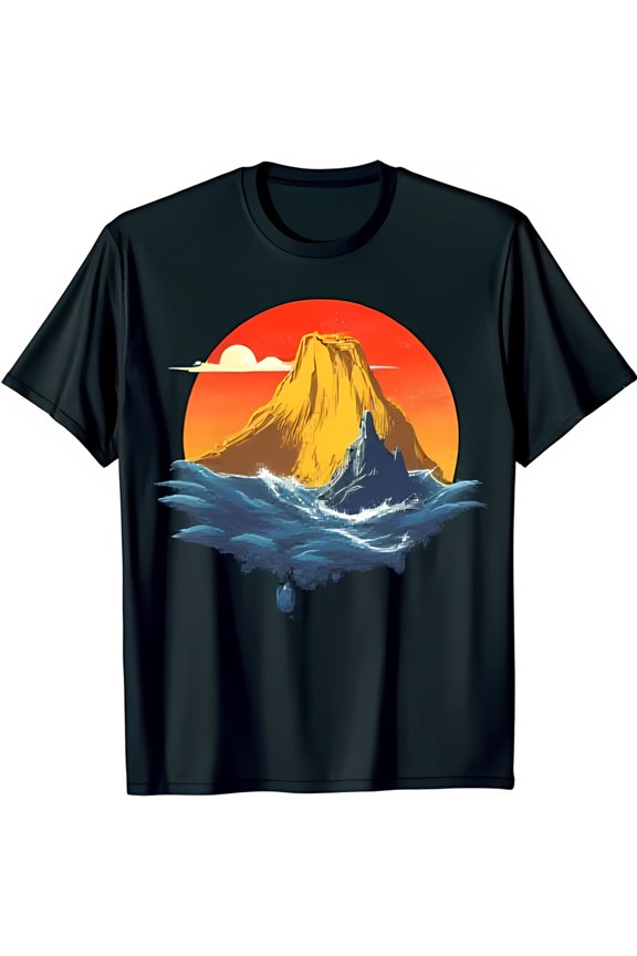 Vibrant Sunrise Mountain Island Graphic Black T-Shirt Playful Cartoon Design
