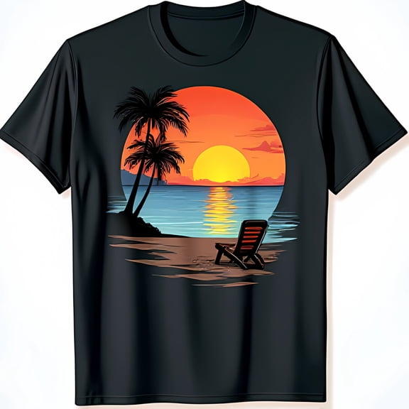 Vibrant Sunset Beach Scene Black T-Shirt with Trees & Beach Chair Graphic