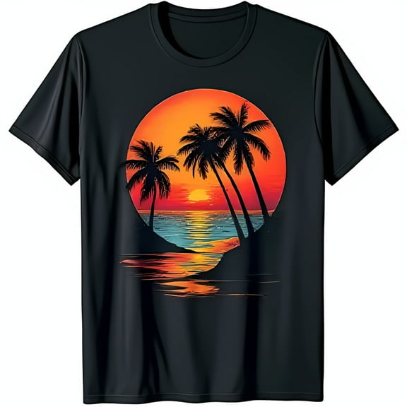 Vibrant Sunset Beach Scene T-Shirt with Tree Silhouettes Black Tee