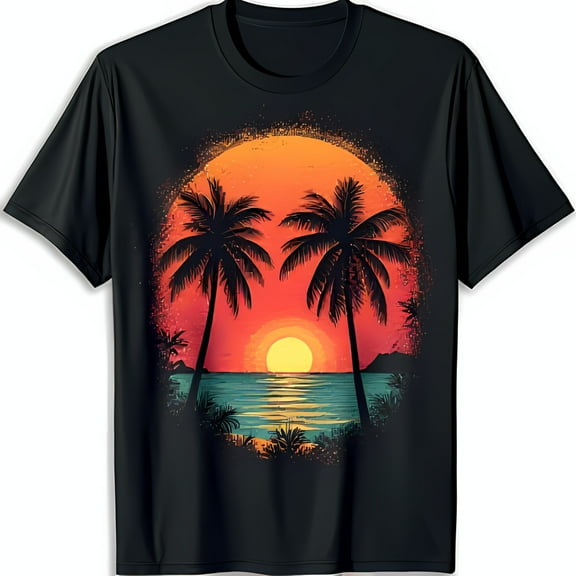 Vibrant Sunset Beach T-Shirt with Trees Colorful Ocean Scene on Black Tee